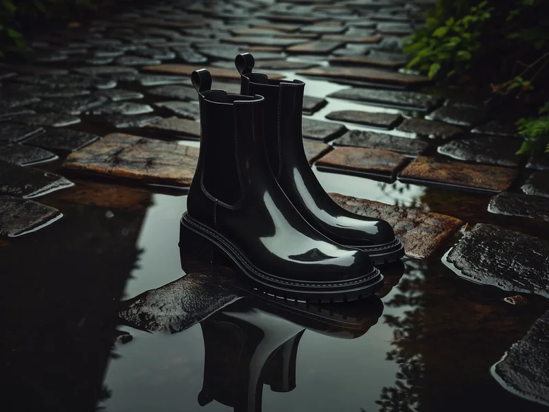 Ghete negre cu talpă crampon pe pavaj ud, ilustrație conceptuală